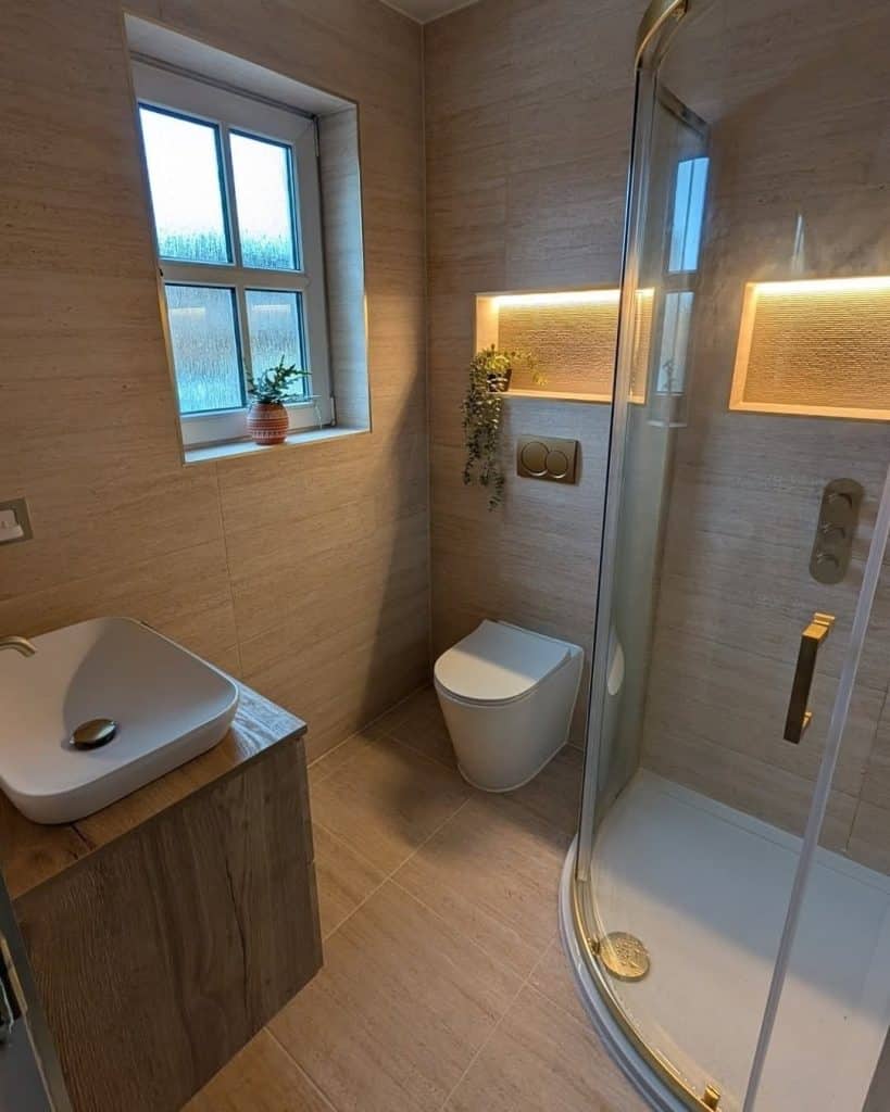 Bathroom Fitters in Paisley 2 Small en-suite in Paisley with wall-hung oak vanity, vessel basin and quadrant shower enclosure